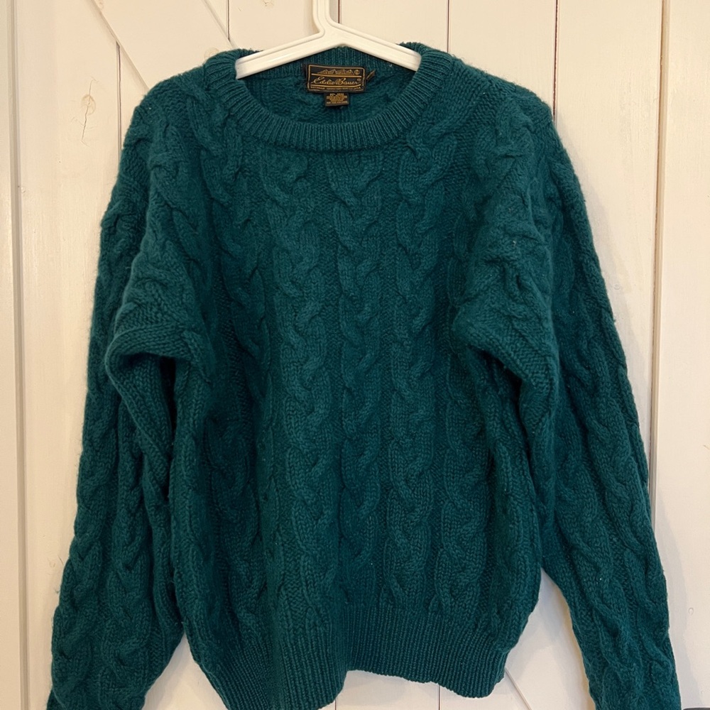 Vintage Eddie Bauer Green Cable Knit Sweater 100% Wool - Size Medium
